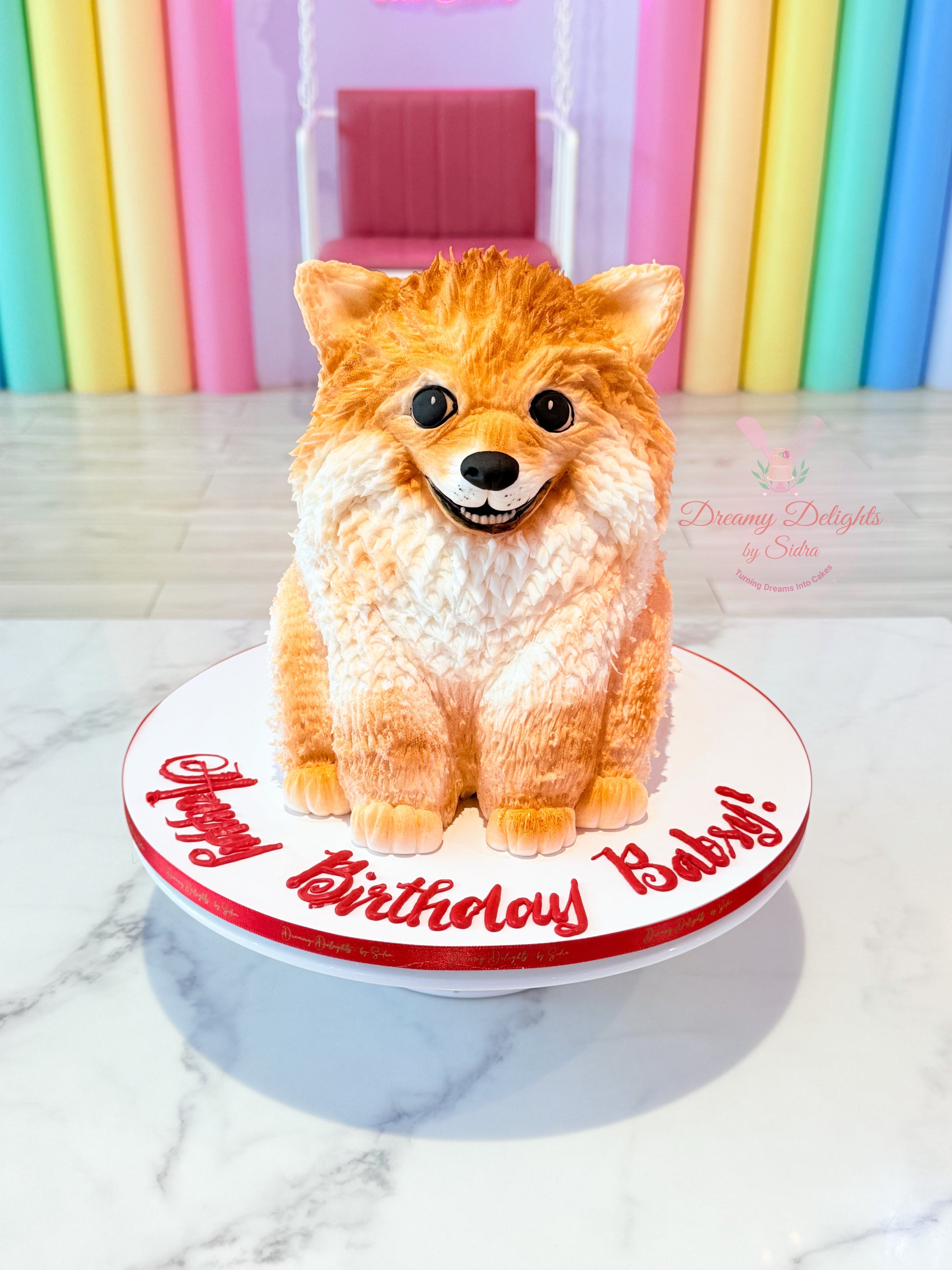 3D Pomeranian dog themed custom birthday cake with handcrafted sculpted design in Dubai
