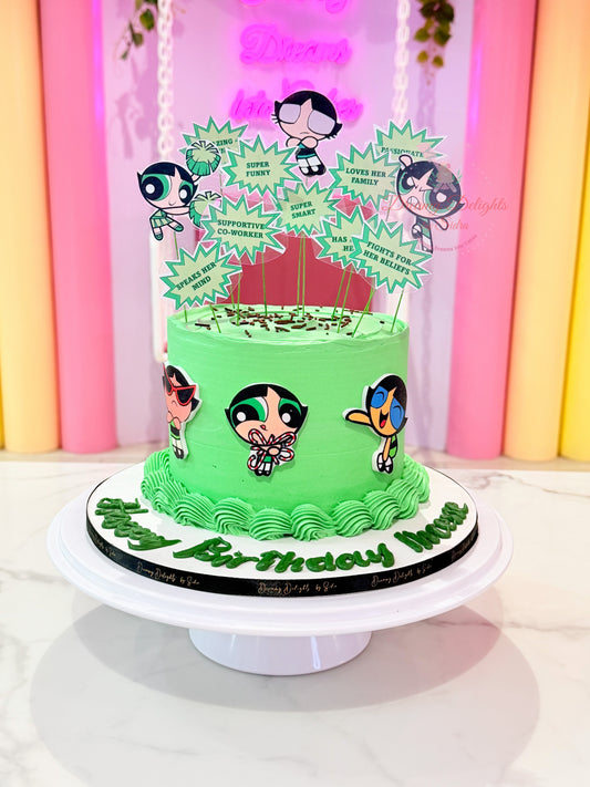 Power Puff Girls themed birthday cake with cartoon toppers and pastel green design for girls celebrations in Dubai