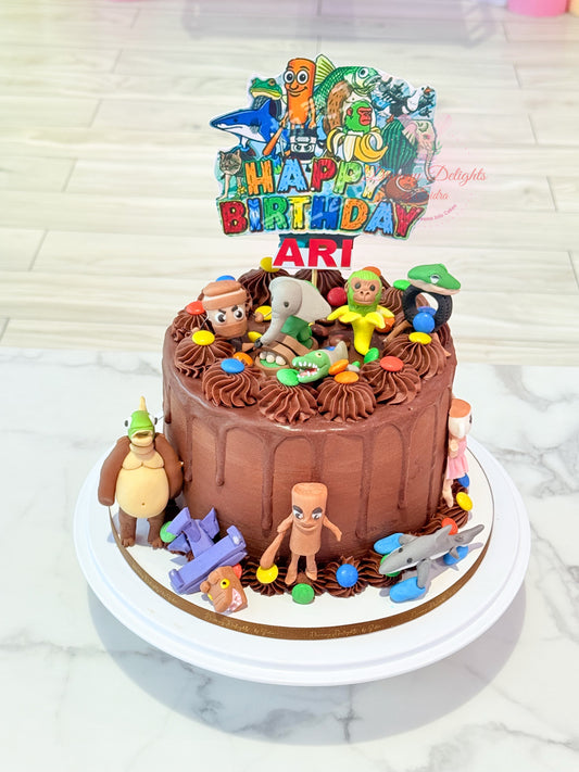 Brain Rot Cake with jungle characters and chocolate drip design for boys birthday celebration in Dubai