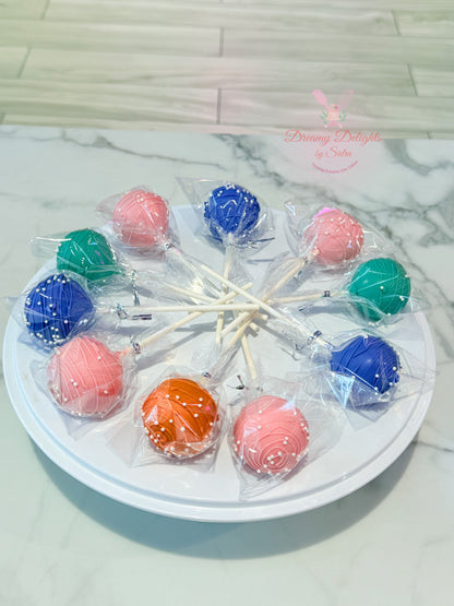 Colorful chocolate cakepops individually wrapped for party dessert table in Dubai