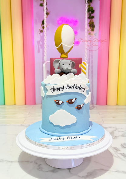 Elephant Cake for first birthday with hot air balloon theme for baby boy celebration in Dubai
