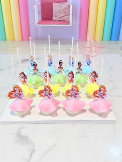Princess cake pops Dubai with colourful princess decorations by Dreamy Delights by Sidra