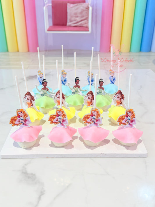 Princess cake pops Dubai with colourful princess decorations by Dreamy Delights by Sidra