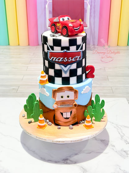 Cars Movie birthday cake with Lightning McQueen, Mater, racing flag design and Disney Pixar theme for boys in Dubai