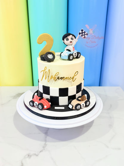 Racing cars birthday cake with personalized name badge for boys kids party in Dubai