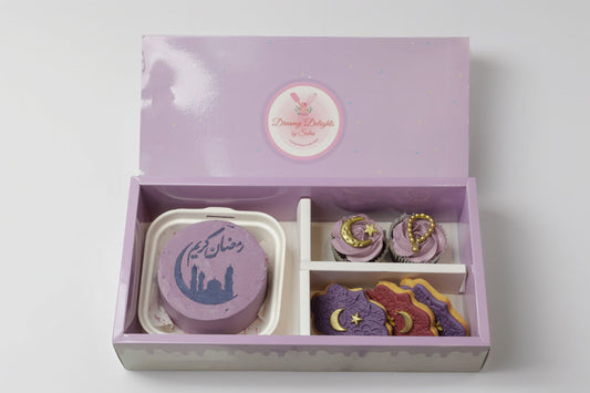 Ramadan lilac bento bundle with Ramadan bento cake cupcakes and Ramadan cookies festive dessert box luxury Ramadan dessert Dubai