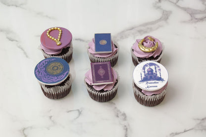Ramadan lilac cupcakes with Islamic themed toppers crescent mosque and Ramadan Kareem designs Dubai