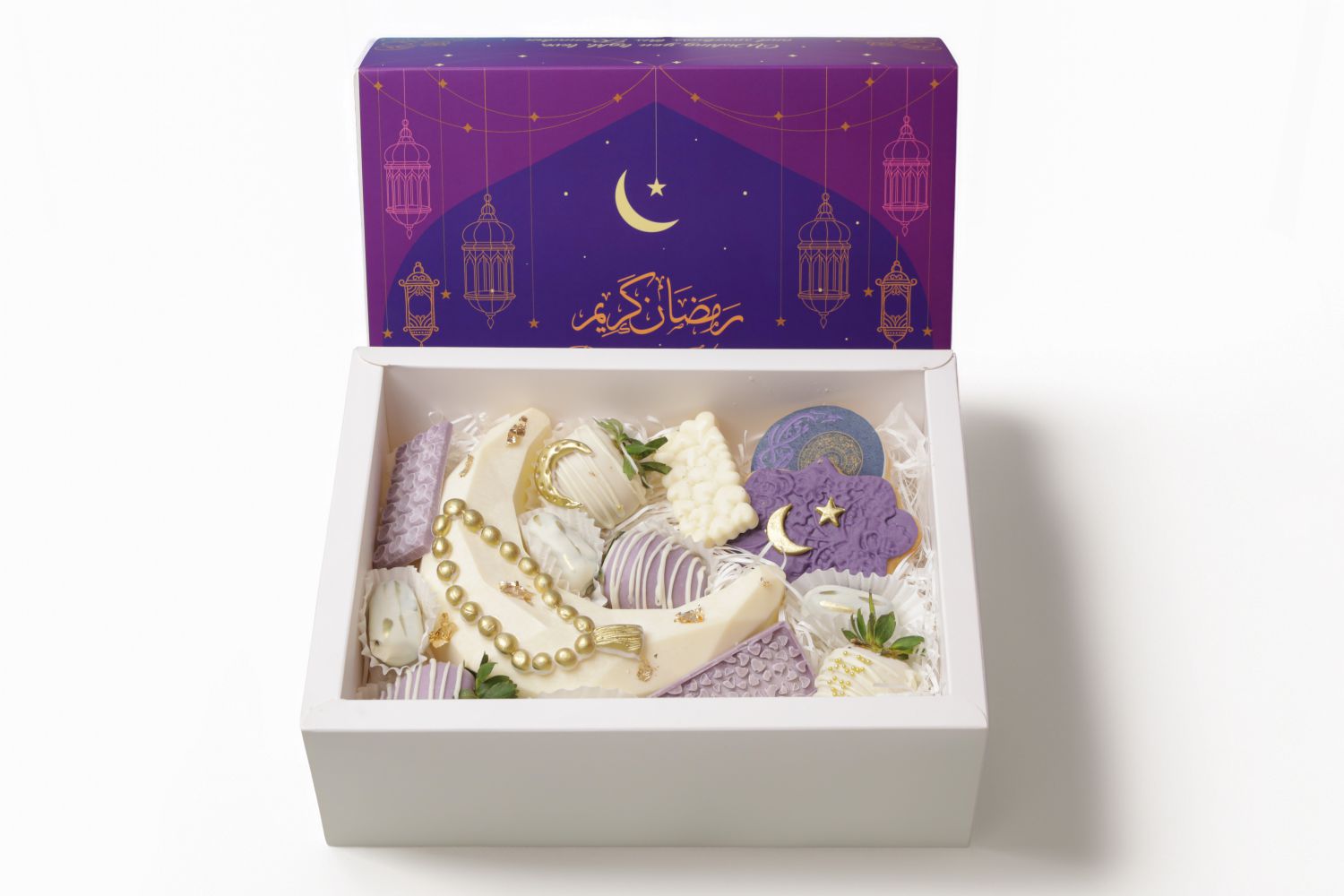 Ramadan treat box with crescent chocolate smash cake strawberries dates cookies and chocolate bars Ramadan gifting box Dubai