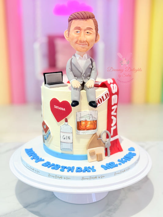 Personalized birthday cake with a figurine, laptop, and various items on a colorful background