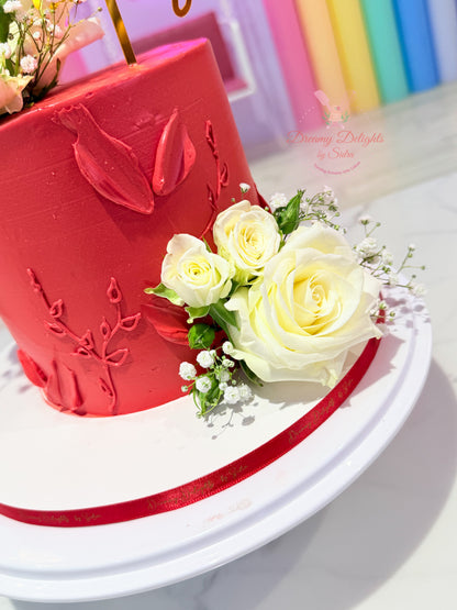Red and White Floral Wedding Anniversary Cake
