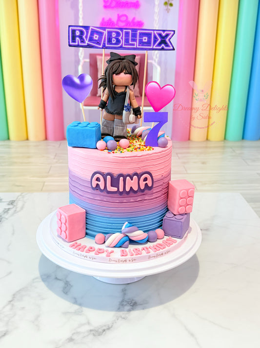 Colorful birthday cake with Roblox character and 'Alina' on a marble surface with rainbow curtains in the background.