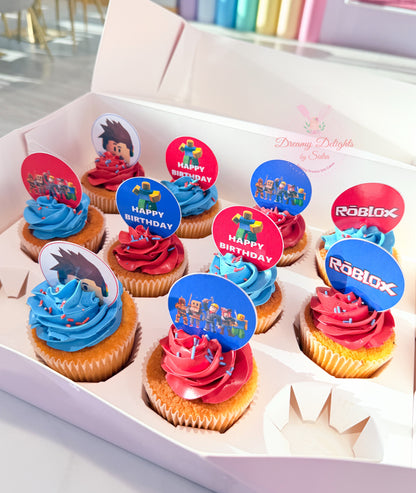 Roblox themed cupcakes with blue and red buttercream frosting, gaming character toppers, and birthday decorations in Dubai.