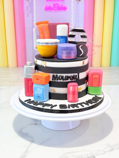 Sephora cake for girls Dubai with makeup-inspired decorations, cosmetics details and black white pink design