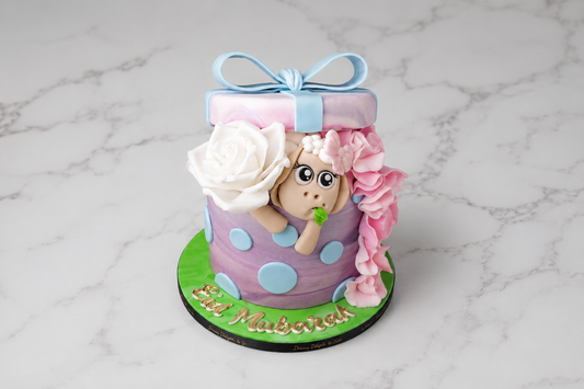 Sheep Eid Al Adha gift cake with pastel fondant flowers and bow decoration in Dubai