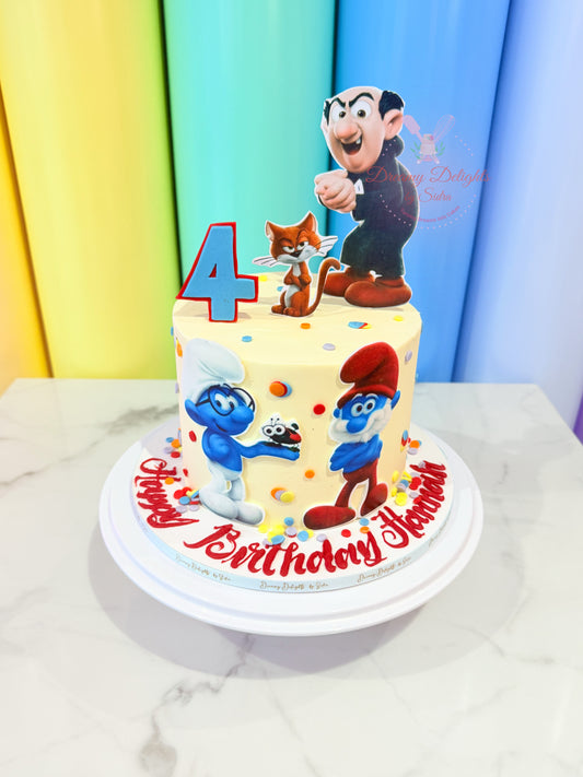 Smurfs birthday cake with cartoon characters and age topper for kids party in Dubai