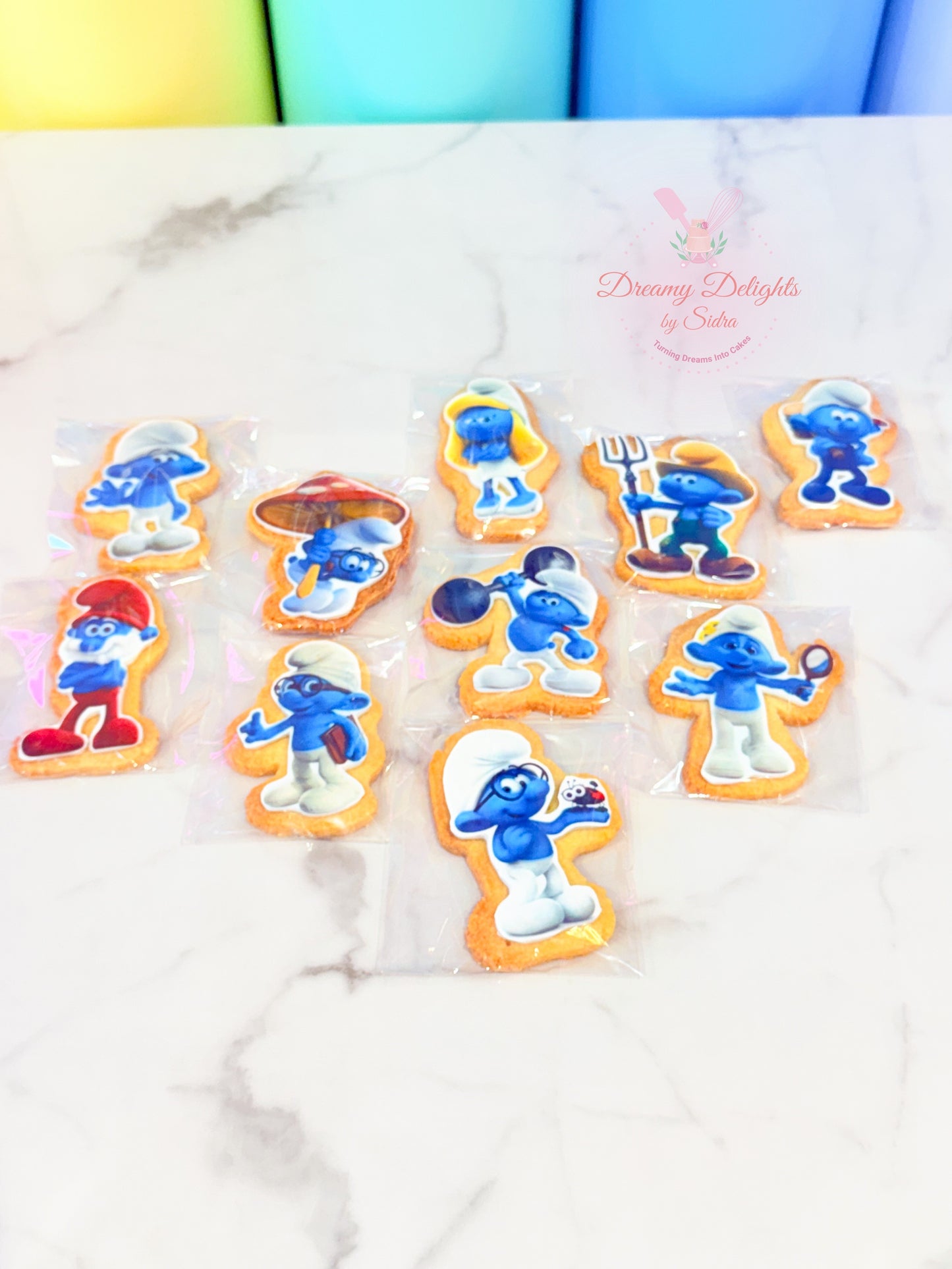 Smurfs themed cartoon cookies individually wrapped for kids birthday party treats in Dubai