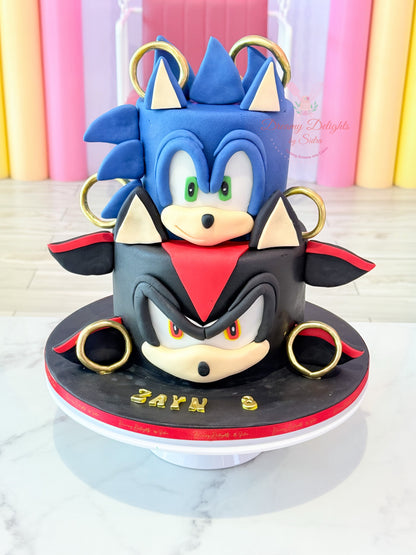 Sonic and Shadow the Hedgehog cake for boys with gaming theme, dual character design, bold colors, and kids birthday celebration setup