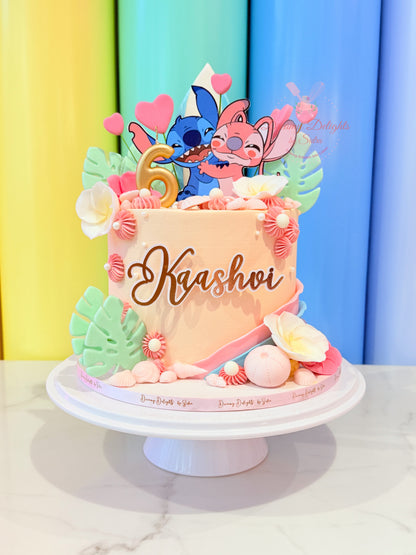 Stitch and Angel themed birthday cake with tropical decorations for girls birthday party in Dubai