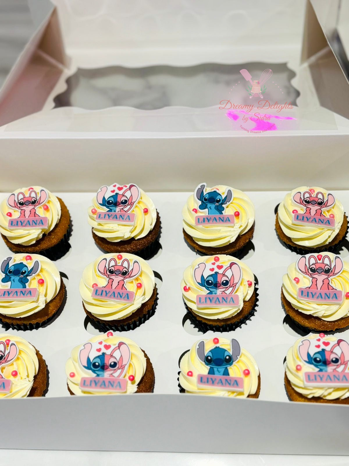 Stitch and Angel themed cupcakes with name customization in Dubai