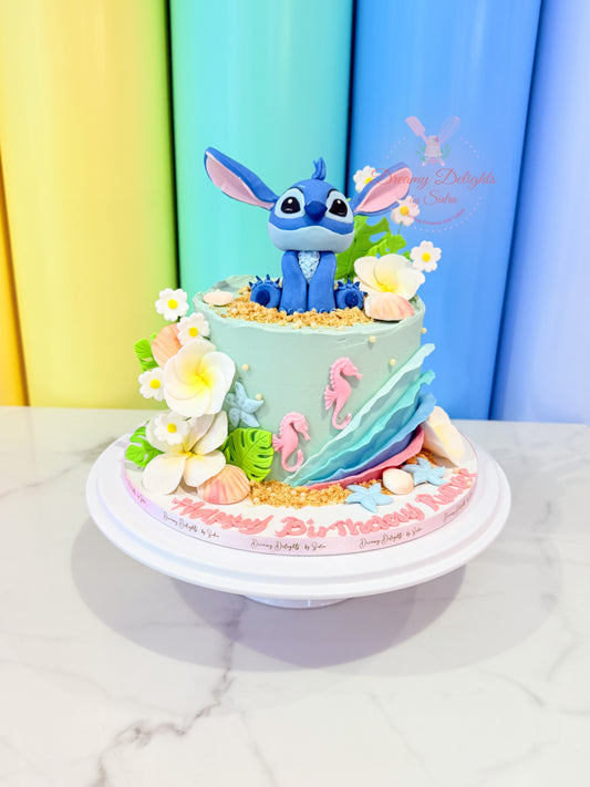 Stitch birthday cake with tropical theme for kids party celebration in Dubai