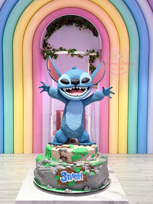 Stitch cake in front of a colorful archway
