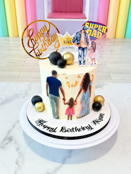 Super Dad cake with family illustration, gold and black accents, personalized father birthday cake for him in Dubai