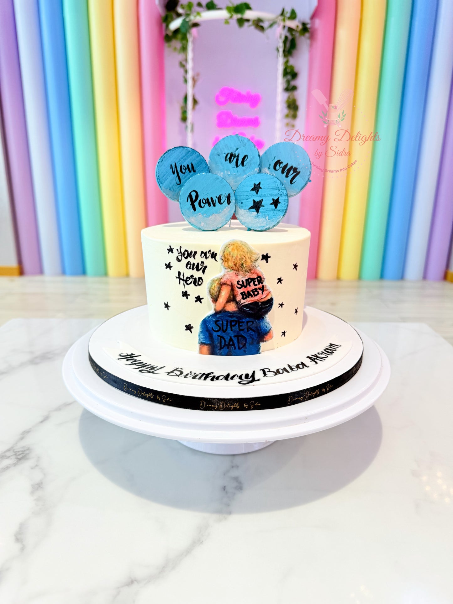 Super dad theme birthday cake with father and child superhero illustration design