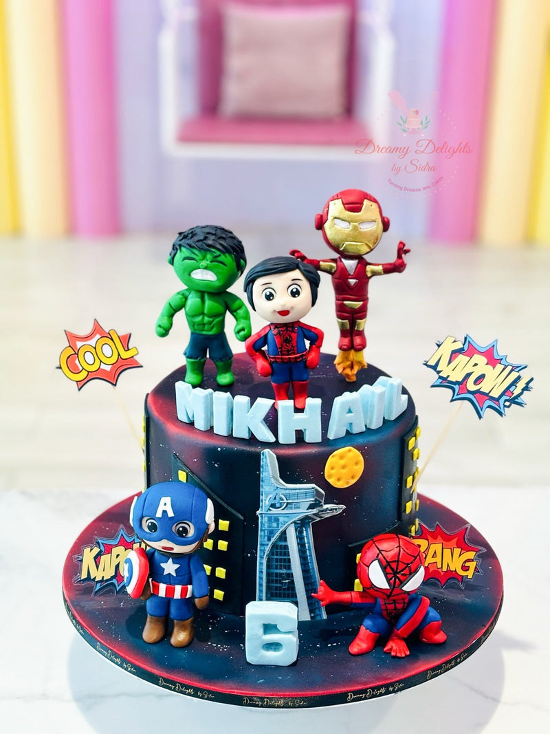 Superhero Cake Dubai featuring Spiderman Hulk Iron Man and Captain America