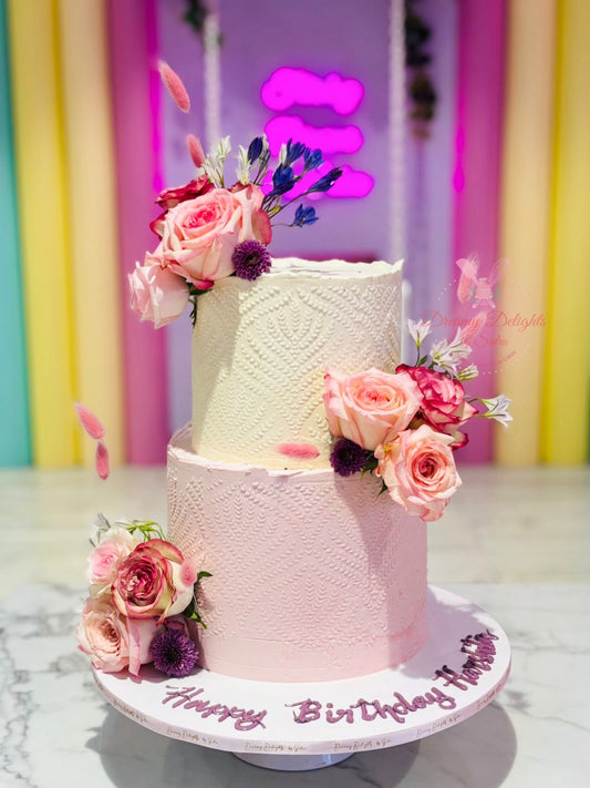 Two-tiered birthday cake with pink and white frosting, decorated with flowers, on a colorful background.