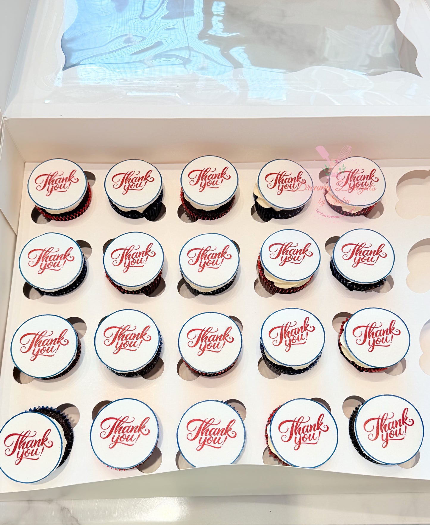 Elegant thank you themed cupcakes with custom edible toppers for appreciation events in Dubai