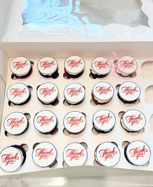 Elegant thank you themed cupcakes with custom edible toppers for appreciation events in Dubai