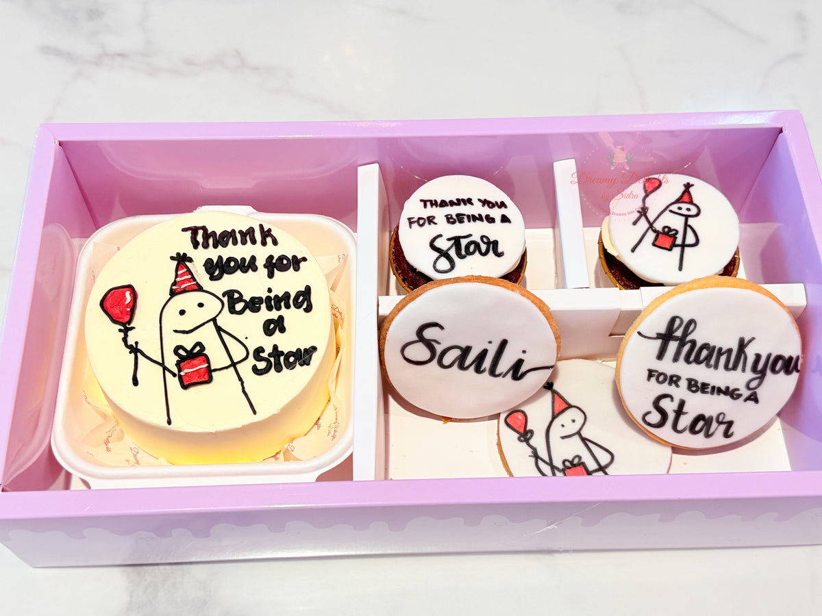 Thank You for Being a Star Bento Bundle with a mini cake and decorated appreciation cookies in a pink gift box in Dubai