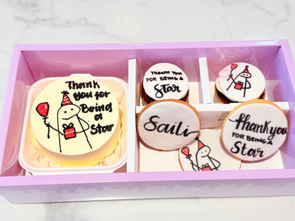 Thank You for Being a Star Bento Bundle with a mini cake and decorated appreciation cookies in a pink gift box in Dubai