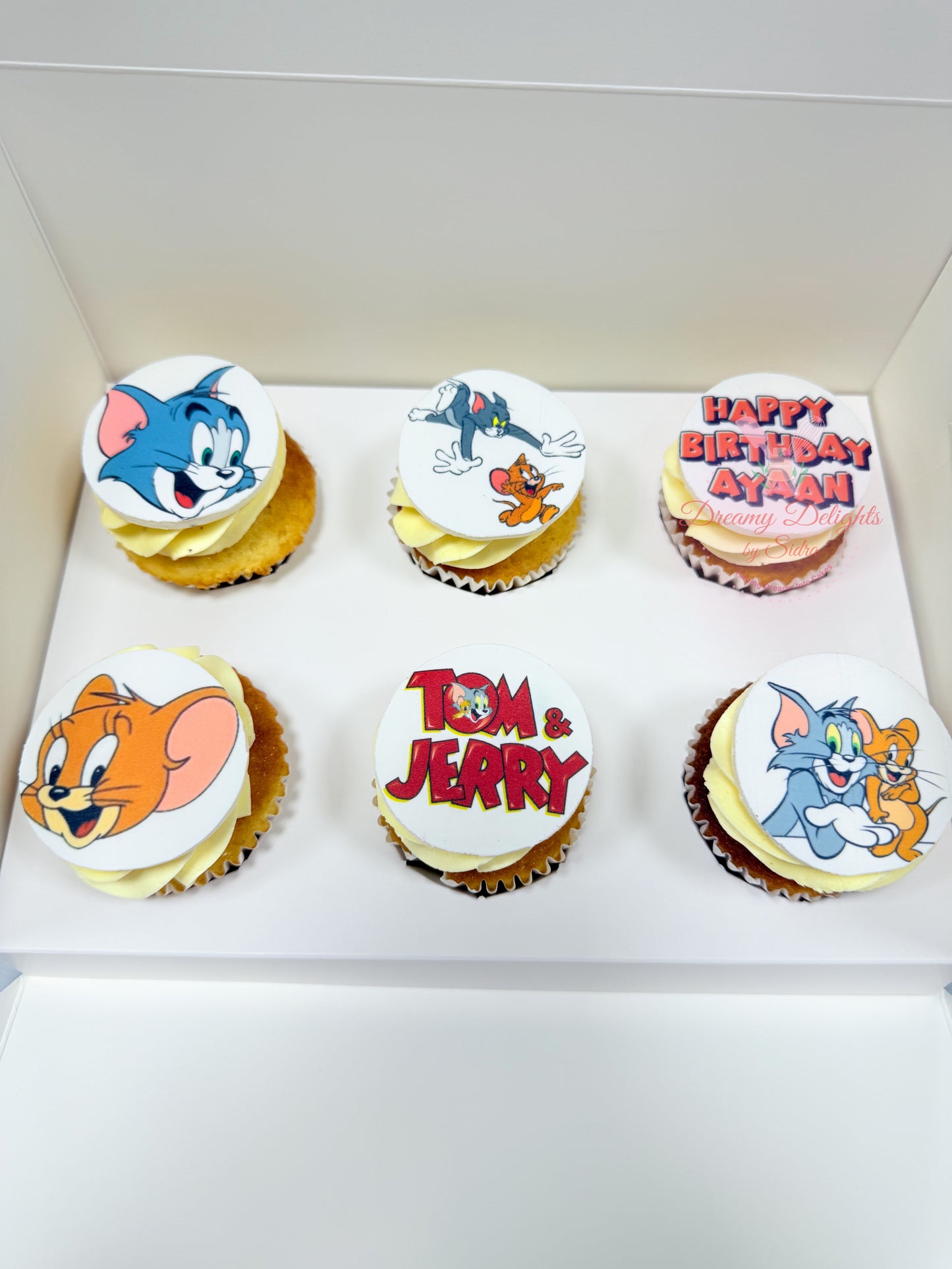 Tom and Jerry themed cupcakes for kids birthday parties with edible cartoon prints in Dubai