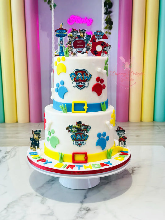 Two tier Paw Patrol Cake with 2D character decorations in Dubai