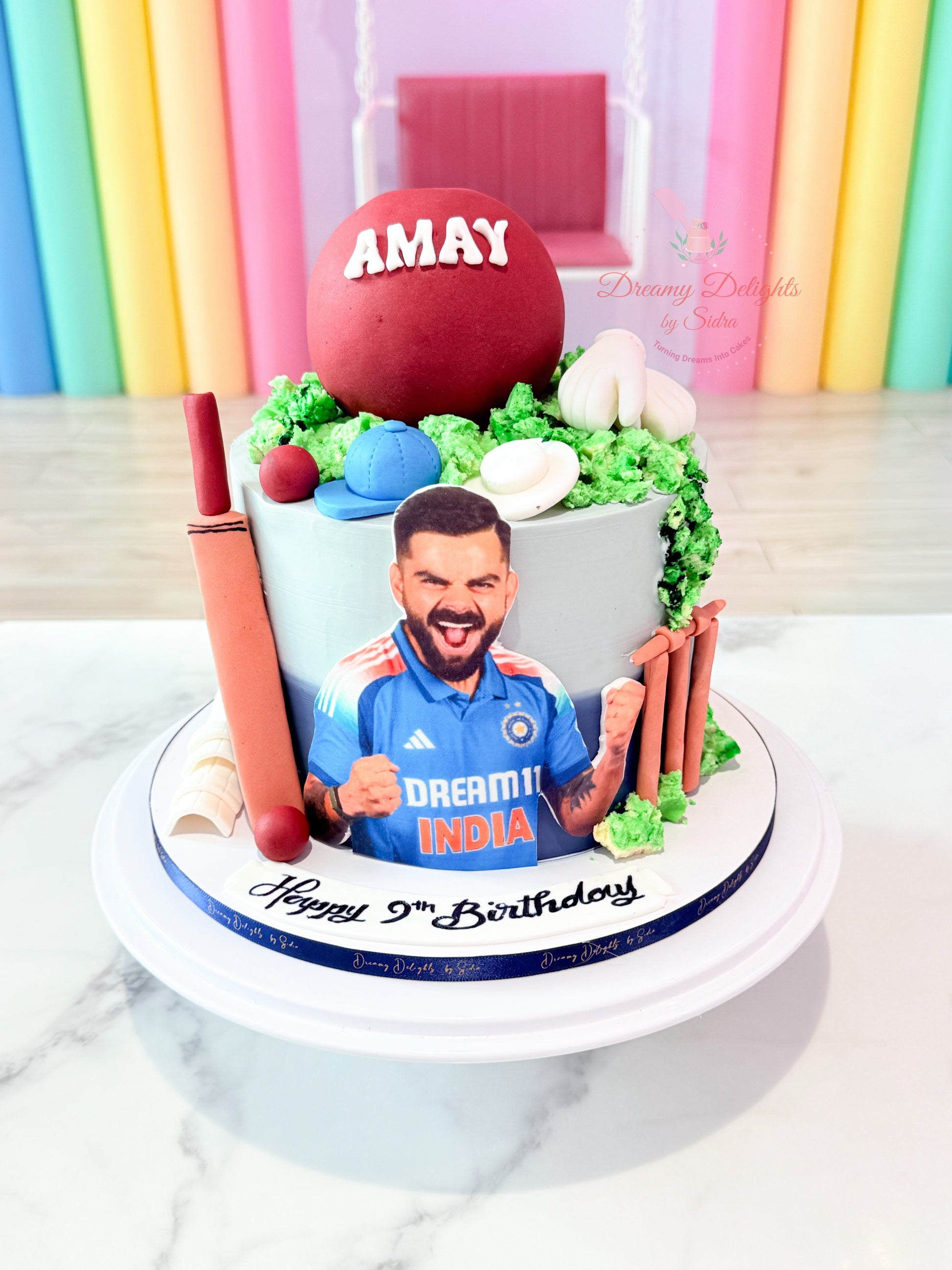 Virat Kohli cricket cake with bat, stumps and player topper, custom cricket birthday cake for him in Dubai