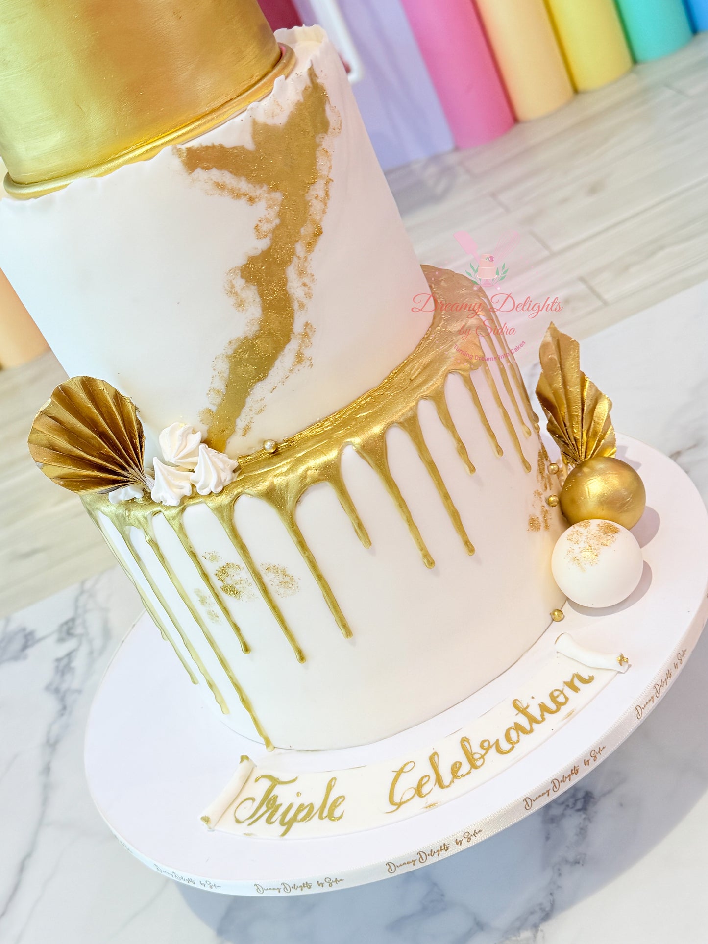 White & Gold Triple Celebration Cake